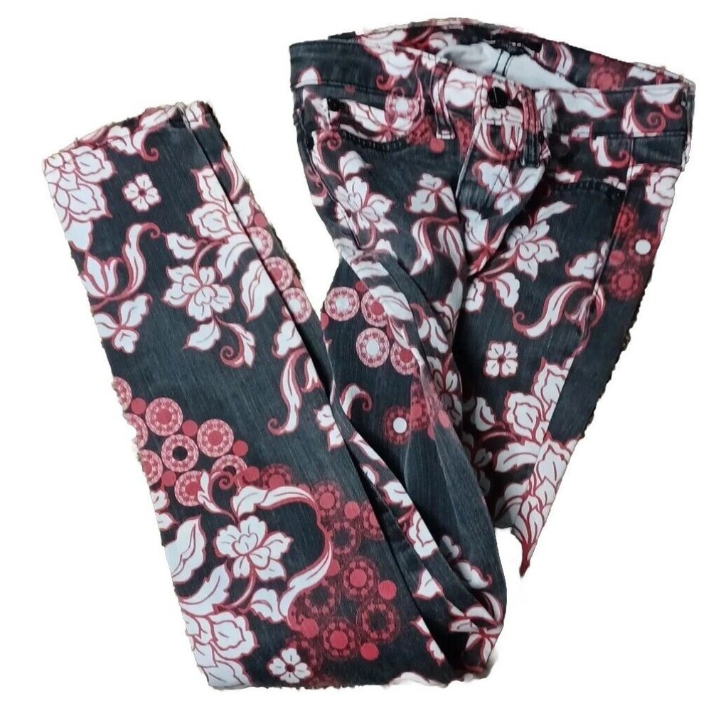 bebe Skinny Jeans, Retro Old School Vintage Print, Black Red And White, 25